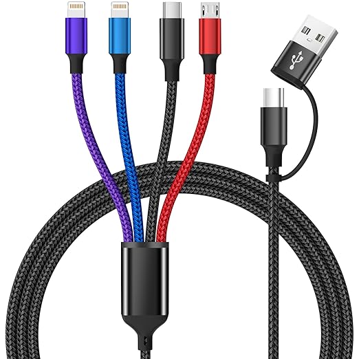 Travel 4 in 2 Multi Charging Cable with Dual IP, Tinned Copper Multi Phone Chargers for All Devices with IP/IP/Type C/Micro Port, Compatible with Most Cell Phones/Tablets and More (1Pack, 5FT)