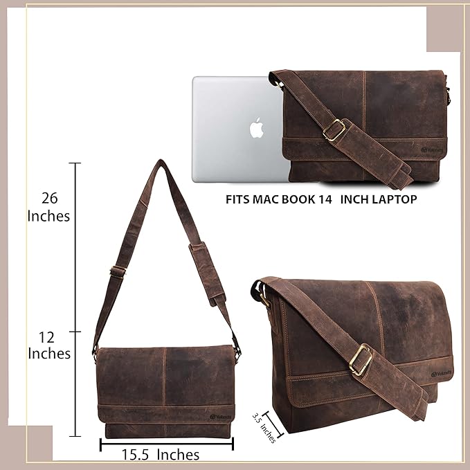 VALENCHI Leather Messenger Bag For Men, Women - 14" Leather Laptop Messenger Briefcase & Shoulder Bag - Office, Work, College, Casual - Gift For Him, Her - Father's day (BROWN VINTAGE)