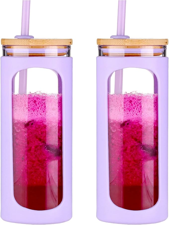 Kodrine 20oz Glass Tumbler with Straw and Lid, Bamboo Lids Water Bottle, Reusable Iced Coffee Cups, Wide Mouth Smoothie Cup with Protective Silicone Sleeve BPA FREE-Purple-2pack