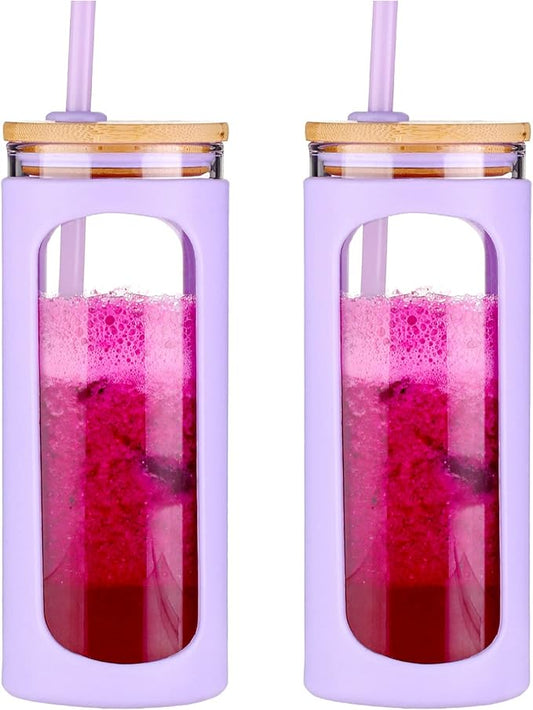 Kodrine 20oz Glass Tumbler with Straw and Lid, Bamboo Lids Water Bottle, Reusable Iced Coffee Cups, Wide Mouth Smoothie Cup with Protective Silicone Sleeve BPA FREE-Purple-2pack