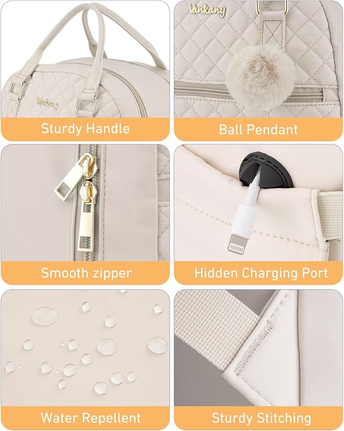 Teen Girls Backpack Aesthetic Bookbag for School, Women Laptop Bag with Charging Hole for Work Travel Middle High School Big Student, Beige