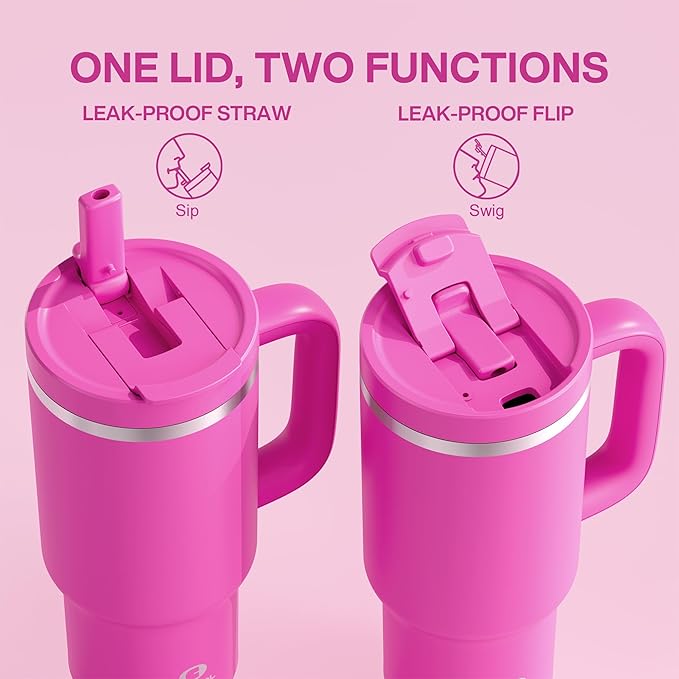 32 oz Tumbler with Handle and Straw: Stainless Steel Insulated Tumbler Keeps Cold for 24 Hours, Leakproof Travel Cup Fits in Cup Holder and BPA-Free, Persian Rose