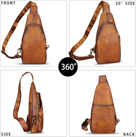 Genuine Leather Sling Bag Retro Crossbody Sling Backpack Handmade Chest Shoulder Daypack Purses Fanny Pack (Brown)