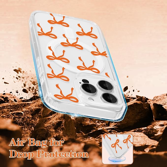 UEEBAI Magnetic for iPhone 16 Pro Case, Bow Case Compatible with MagSafe, Wireless Slim Clear Ribbon Aesthetic Phone Cover Anti-Yellowing Shockproof Protective Cover for Women Girl - Orange