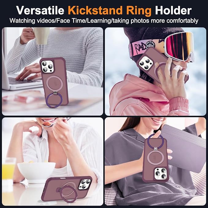 Compatible with iPhone 16 Pro Case with Invisible Magnetic O-Ring Stand Military-Grade Translucent Case for iPhone 16 Pro 6.3" [Compatible with Mag-Safe][Great Grip Feeling], Wine Red