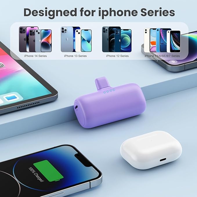 [2-Pack] Mini Portable Charger for iPhone,5200mAh Ultra Compact PD Fast Charging Power Bank,Plug-in Battery Pack Travel Cordless Phone Charger,Compatible with iPhone 14/14Pro/13/12/11/X/8(Purple+Red)