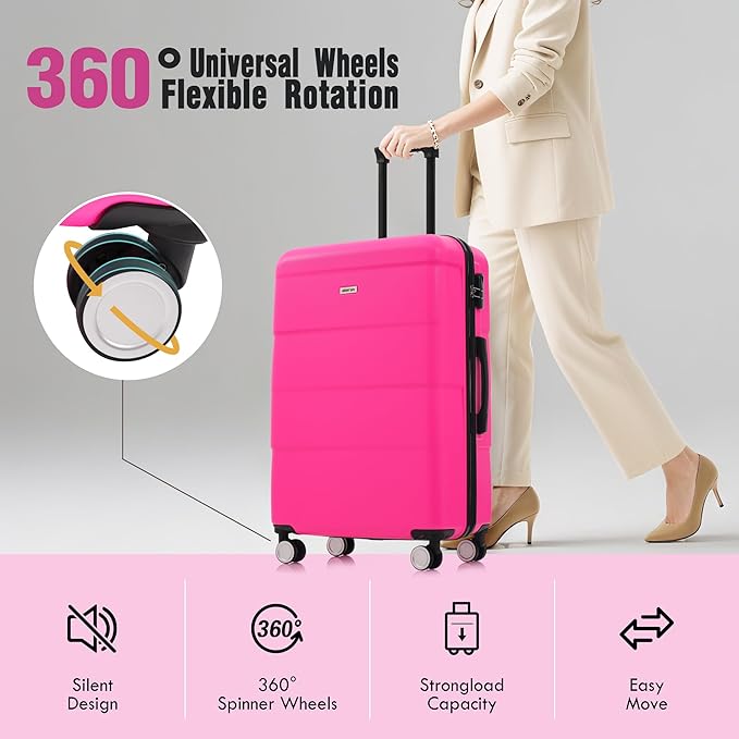 Merax Luggage Sets of 3 Piece Carry on Suitcase Airline Approved,Hardcase Suitcase Set with Double Spinner Wheels,Pink