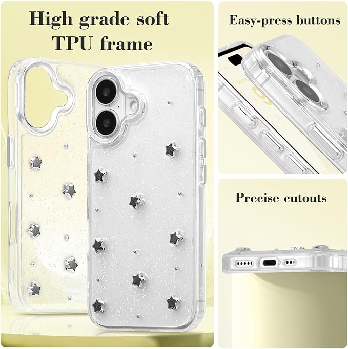 EYZUTAK Case for iPhone 16, Bling Glitter 3D Stars Phone Case Cute Sparkly Crystal Clear Star Aesthetic Design Case Slim Soft Durable TPU Transparent Protective Cover for Women Girls - Star