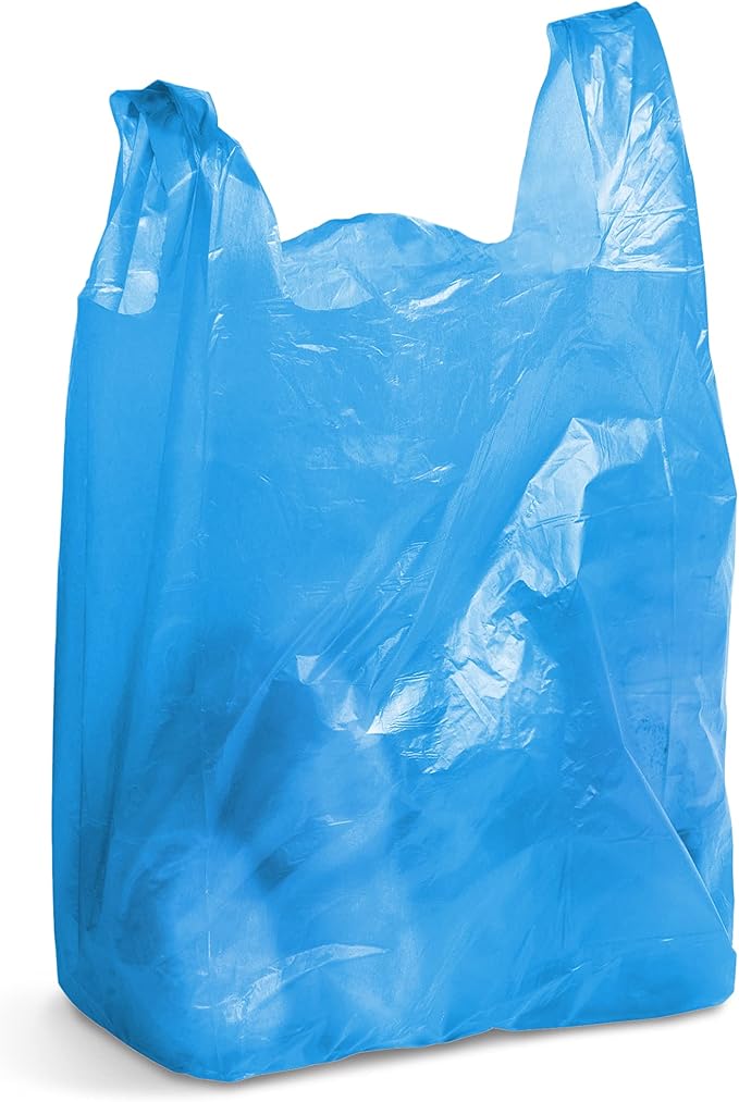 Blue T-Shirt Bags 18 x 8 x 32 Inches. Pack of 400, High Density Polyethylene (HDPE), Unprinted, Handled, Reusable/Recyclable, Perfect for Stores, Restaurants
