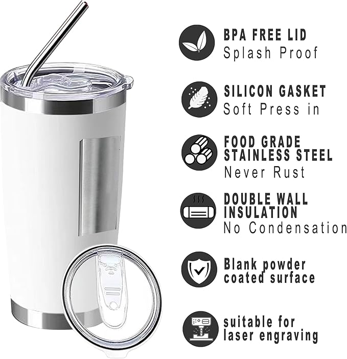 20oz insulted tumblers stainless steel cup Tumbler Bulk with push Lid, and metal straw powder coated coffee cup for cold and hot drinking (48, white)