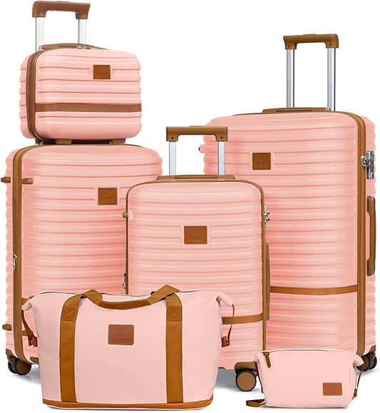 Joyway Luggage Set 3 Piece Suitcase Sets with Spinner Wheel,Hardside Expandable Travel Laggage with TSA Lock (13/20/24/28 Pink brown