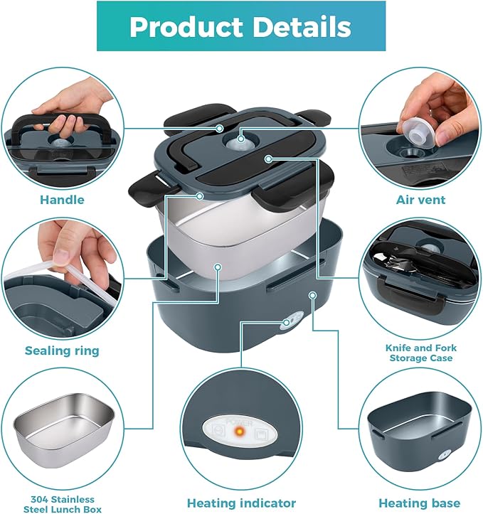 80W Electric Lunch Box for Car & Truck,12V/24V/110V Green Portable Warmer with 304 Stainless Steel Container,Ideal for Drivers & Office