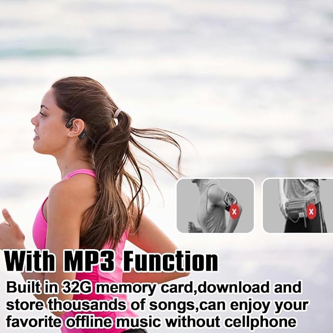 IPX8 Waterproof Bone Conduction Headphones Swimming Underwater Bluetooth Headsets with MP3 Player Open Ear Headsets with Mic Wireless Earphones Built-in 32GB Memory for Running Cycling Gym Workouts