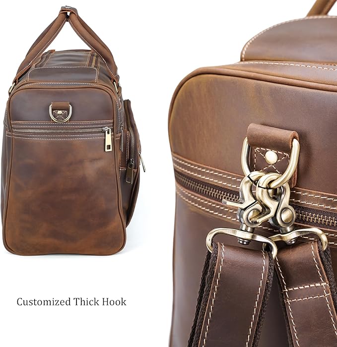 Polare 24" Retro Full Grain Leather Duffel Weekender Travel Overnight Luggage Bag With YKK Metal Zippers