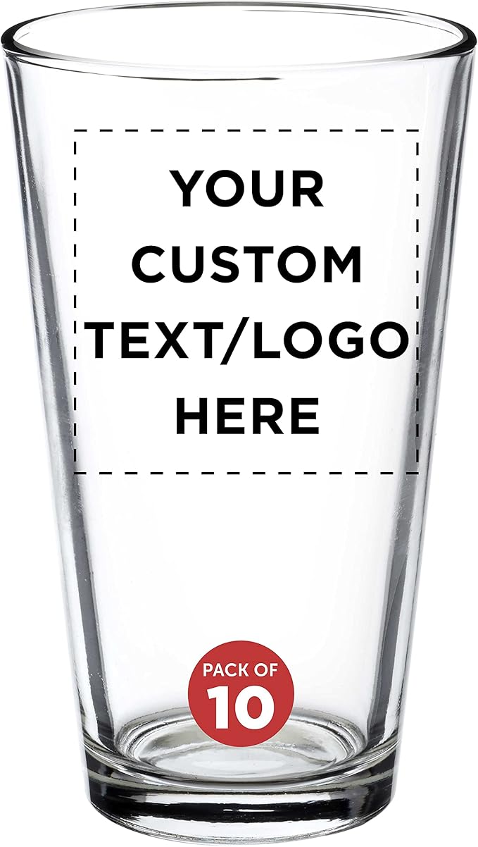 Custom Arc Pint Glass 16 oz. Set of 10, Personalized Bulk Pack - Beer Glasses, Heavy Duty Drinkware - Clear