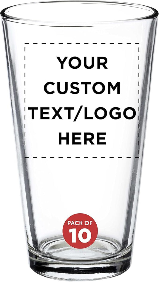 Custom Arc Pint Glass 16 oz. Set of 10, Personalized Bulk Pack - Beer Glasses, Heavy Duty Drinkware - Clear