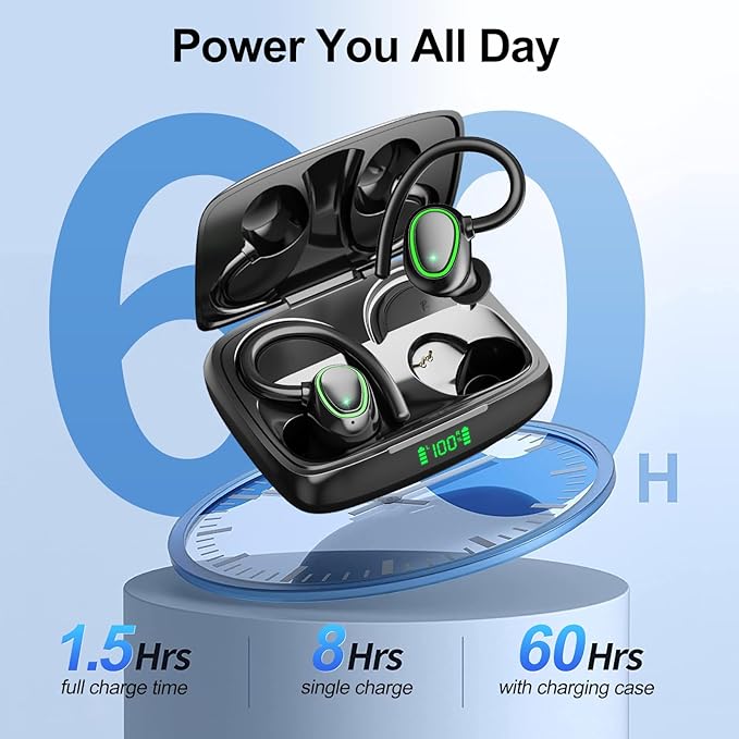 Bluetooth Wireless Headphones Earbuds 60hrs Playback Ear Buds IPX6 Waterproof Stereo Bass Over-Ear Earphones with Earhooks Microphone LED Battery Display for Sports/Workout/Gym/Running
