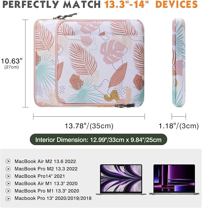 MoKo Laptop Sleeve Bag for 13.3-14 Inch, Notebook Carrying Case with Pocket Fits New MacBook Pro M3/M2 14" /13" M2/M1 Pro/M1 Max 14.2 2023-2021/Air 13.6" M2 2022, Surface Pro 9/8 13", Tropical Leaf