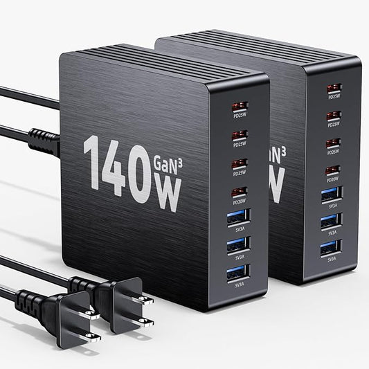 USB C Charger Block, 140W GaN III 7-Port Fast Charging Station for Multiple Devices, PD 3.0 USB Wall Charger Power Strip Charging Hub Travel Adapter Plug for iPad iPhone Samsung, 2 Pcs