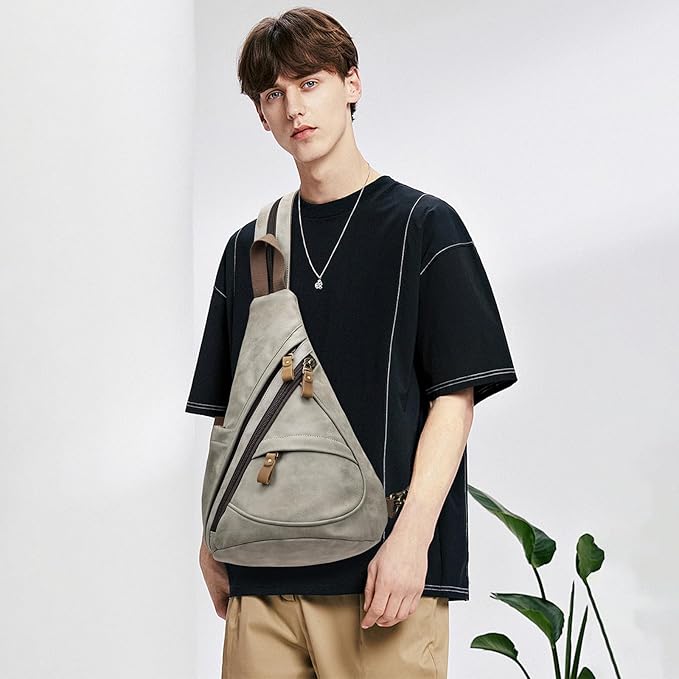 KL928 PU Leather Sling Bag - Small Crossbody Backpack Shoulder Casual Daypack Rucksack for Men Women Outdoor Cycling Hiking Travel (6881-PU-Leaden)