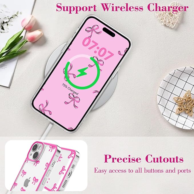 EYZUTAK Case for iPhone 15 Plus, Clear Cute Ribbon Bowknot Pattern Aesthetic Transparent Phone Case Raised Camera Protection Stylish Slim Soft Durable TPU Protective Cover for Women Girls - Rose Red