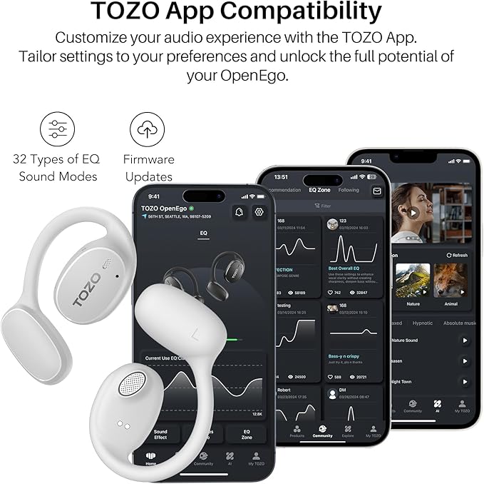 TOZO OpenEgo True Wireless Open Ear Headphone, 5.3 Bluetooth Sport Earbuds with Earhooks for 80H Playback with Digital Display, 32 EQ Modes Dual Mic Clear Call Sweat-Proof for Running, Snow White