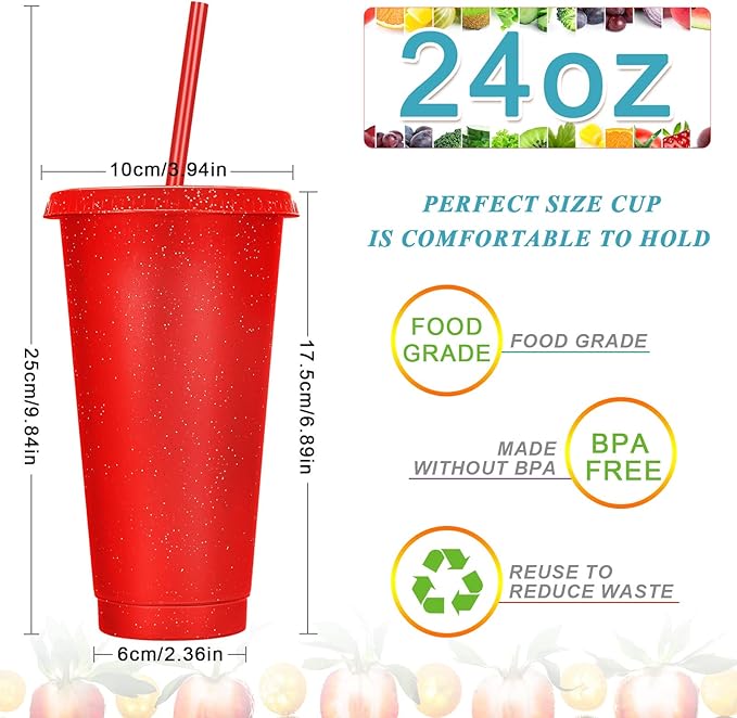 Honeydak 15 Pack Tumbler with Straw and Lid Bulk Glitter Plastic Cups Water Bottle Iced Coffee Travel Mug Reusable Party Favor Cups for Birthdays travel 24-27 oz (Vivid Color)