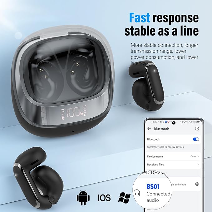 Wireless Earbuds, Clip On Ear Headphones, Bluetooth 5.4 HiFi Stereo Earbuds, 42H, LED Display Ear Buds, Comfortable Lightweight, IP7 Waterproof Open Ear Earphones, Earbud for Workouts Running, Black