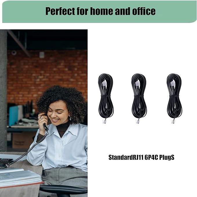 3Pack RJ11 Cable Phone Cord for Landline - 6ft Telephone Cord - Male to Male for Landline Phone and Fax - Black
