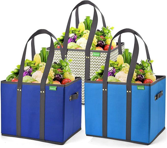 NERUB Reusable Grocery Bags Shopping Bags Grocery Tote Bag with Reinforced Bottom Heavy Duty Handles (Set of 3, Blue/Gray/Wave)