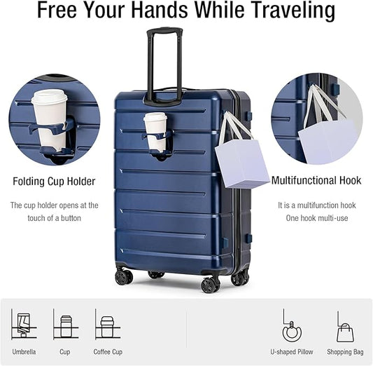 KYME Suitcases with Wheels Hardshell 30 Inch Luggage TSA Approved Large Checked Luggage Durable Travel Rolling Suitcase with Cup Holder for Women Men Navy