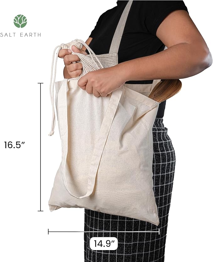 Salt Earth Pack of 5 | 6 | 12 | 24 | 48 – 100% Cotton Reusable Tote Bags – Bulk Grocery, Shopping, DIY, Beach & Gift Use