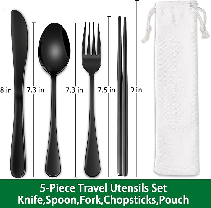 Travel Utensils Set With Case,Black Stainless Steel Silverware Set To Go For Work Lunch Box Includes Knife Spoon Fork Chopsticks,Camping Picnic Cutlery Essentials
