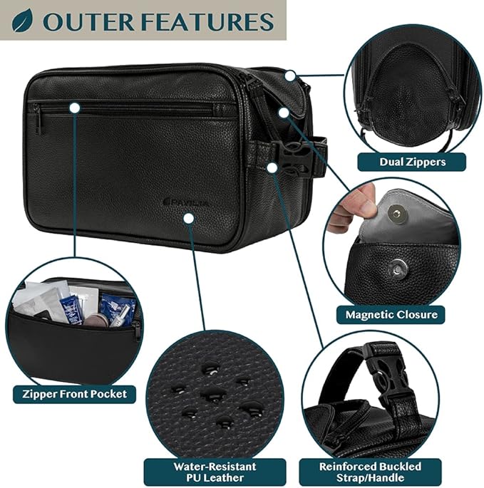 PAVILIA Toiletry Bag for Men, Travel Essentials Shaving Dopp Kit, Mens Travel Bag Toiletries Organizer Case for Grooming, PU Leather Water Resistant Cosmetic Bag Pouch (XL, Black)