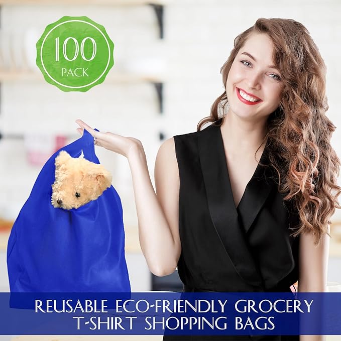 Windyun Large Grocery T-shirt Bags Bulk Reusable Non Woven Shopping Bag Foldable Gift Tote with Handle, 21x11x6 Inch