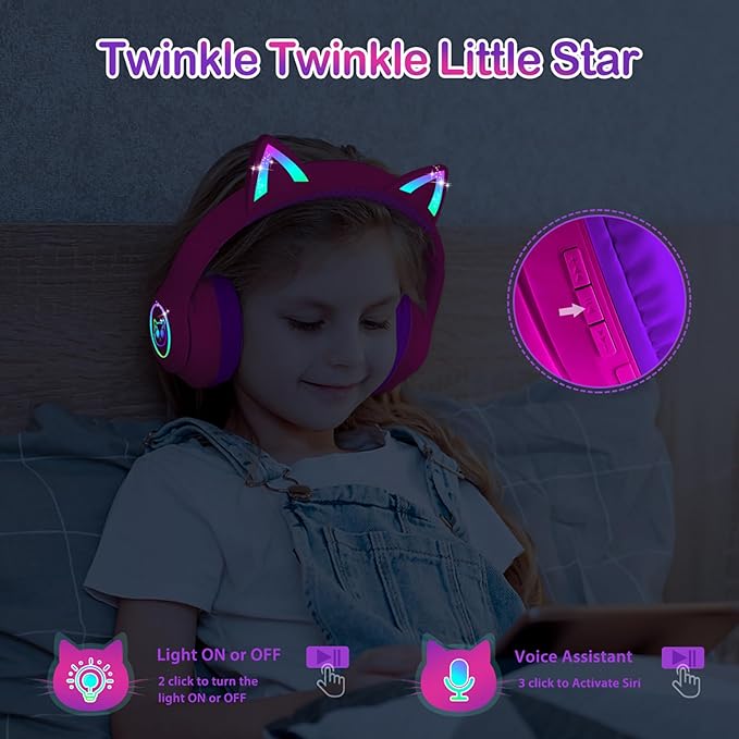 LOBKIN Bluetooth 5.4 Kids Headphones with Case - RGB LED Light Up Cat Ears Foldable Adjustable Over Ear Headphone Support Wireless or 3.5mm Wired Mode for Toddler & Girls & Boys Teens