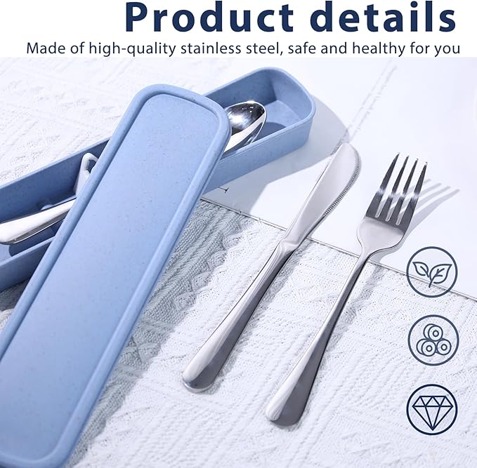 HANSGO 3PCS Portable Utensils Set with Case, Travel Cutlery Set Stainless Steel Utensils Reusable Silverware for Lunch Camping School Picnic Office Dishwasher Safe Blue