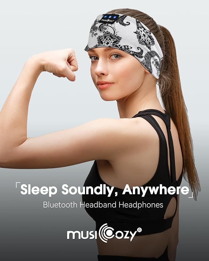 MUSICOZY Sleep Headphones Bluetooth Headband 5.4 Wireless Headband Headphones for Sleeping for Side Sleeper with Ultra-Thin HD Stero Speaker for Workout (White Flower)