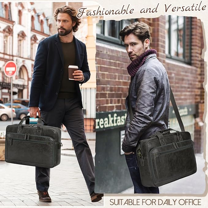 RAINSMORE Mens Laptop Bag 16 Inch Leather Briefcase Vintage Messenger Bag for Men Large Crossbody Shoulder Office Computer Bag Retro College Satchel for Work, Business,Travel, Grey