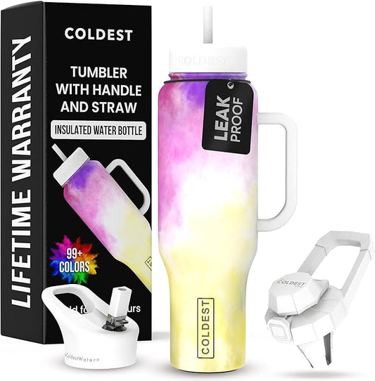 Coldest Tumbler with Handle and Straw, 100% Leak Proof Insulated Tumbler with Lid and Straw (3 Lids), Stainless Steel Tumblers for Women & Men, Cup Holder Friendly, 46 oz (Clouds of Tie Dye)