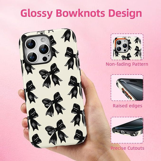 QLTYPRI Case for iPhone 16 Pro Max, Aesthetic Black Ribbon Bow Phone Case for Girls Women, Protective Hybrid 2-Layer Hard Shell Silicone Cover Durable Shockproof Phone Cover - Beige