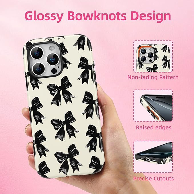 QLTYPRI Case for iPhone 16 Pro, Aesthetic Black Ribbon Bow Phone Case for Girls Women, Protective Hybrid 2-Layer Hard Shell Silicone Cover Durable Shockproof Phone Cover - Beige