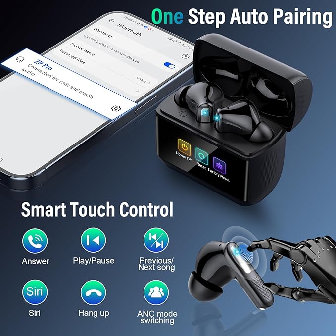 Wireless Earbuds, Bluetooth 5.4 Headphones with Multifunction Touch Screen, 48H Deep Bass Stereo Ear Buds, ANC/ENC Noise Cancelling, Transparency Mode, IPX7 Bluetooth Earbuds, 5 EQ Modes, Black