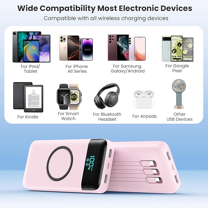 Wireless Portable Charger 40800mAh with 3 Built-in Cables,7-in-1 15W Wireless Charging Power Bank,25W PD QC 4.0 Fast Charging USB C LCD Display Battery Pack for iPhone 16/15/13,Samsung,Android-Pink