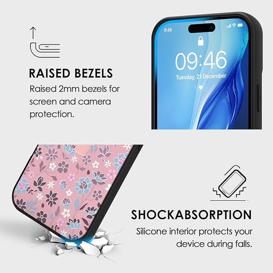 Compatible with iPhone 17 Case with Finger Hand Strap Kickstand, Cute Flowers Floral Phone Case for Girls Women Men, Full Camera Protection Shockproof Protective Cover, Pink Flowers