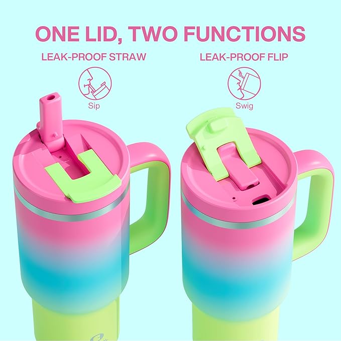 32 oz Tumbler with Handle and Straw: Stainless Steel Insulated Tumbler Keeps Cold for 24 Hours, Leakproof Travel Cup Fits in Cup Holder and BPA-Free, Lime Sorbet