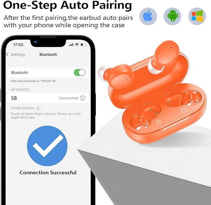 kurdene Wireless Earbuds Bluetooth 5.3 in Ear Buds Light Weight Headphones,Deep Bass Sound,Built in Mics Headset,Clear Calls Earphones for Sports Workout Orange