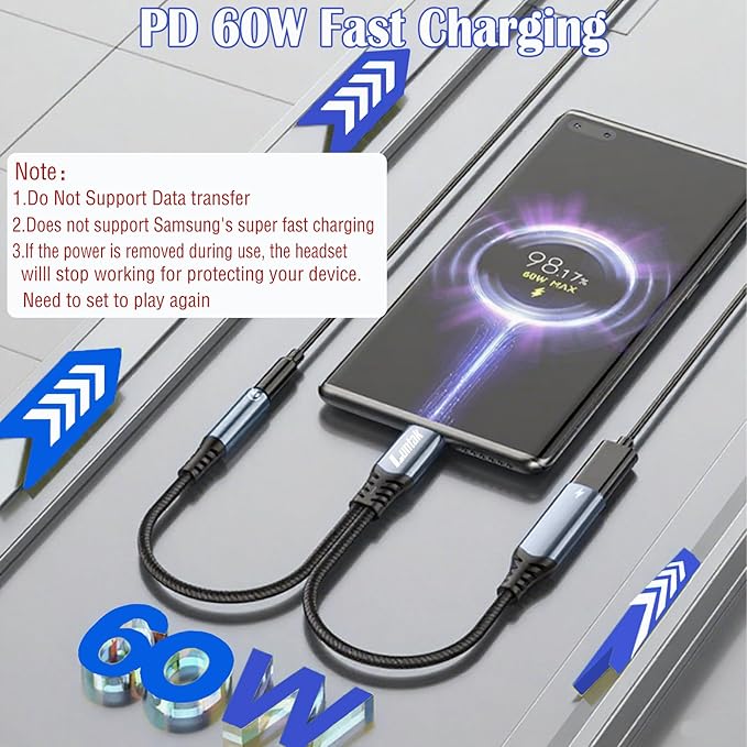 USB C to Headphone Jack Adapter and Charger,2 in 1 USB C to 3.5mm Audio Adapter with PD 60W Fast Charging Dongle Cable Cord for iPhone16/15 Pro Max,Samsung GalaxyS25-S21,Google Pixel8/7,iPad Pro