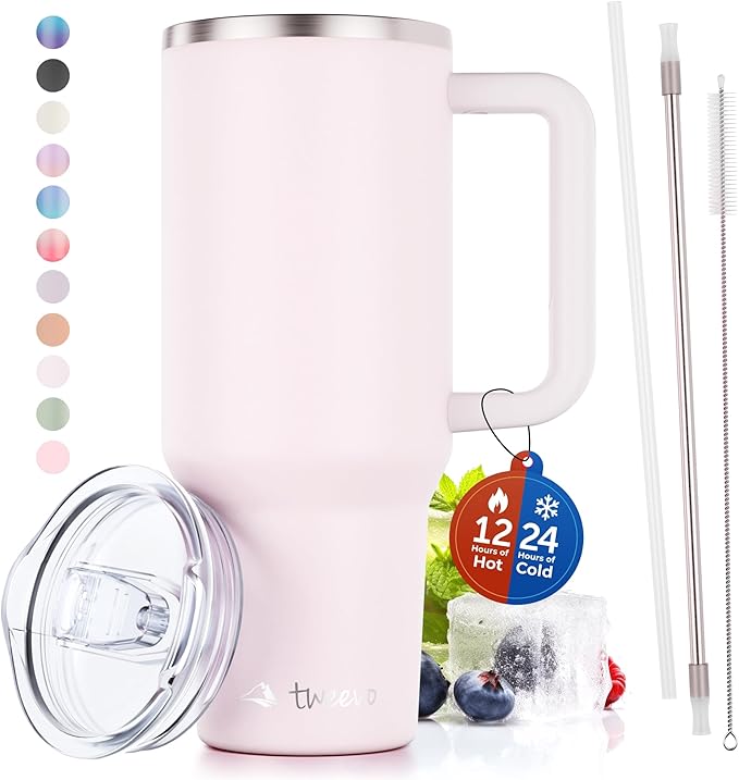 40 oz Tumbler With Handle and Straw Made of Stainless Steel - Double Wall Vacuum Insulated Tumbler With Lid - Sweat Proof Easy Grip, BPA-Free, Dishwasher Safe Tumbler (Rose Quartz)