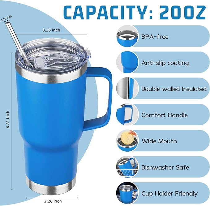 20 oz Tumbler with Handle Stainless Steel Insulated Coffee Mug Tumbler with Lid and Straw Double Wall Vacuum Insulated Coffee Mug Leak Proof Travel Mug Tumbler for Hot and Cold Drink (Sea Blue,1pack)